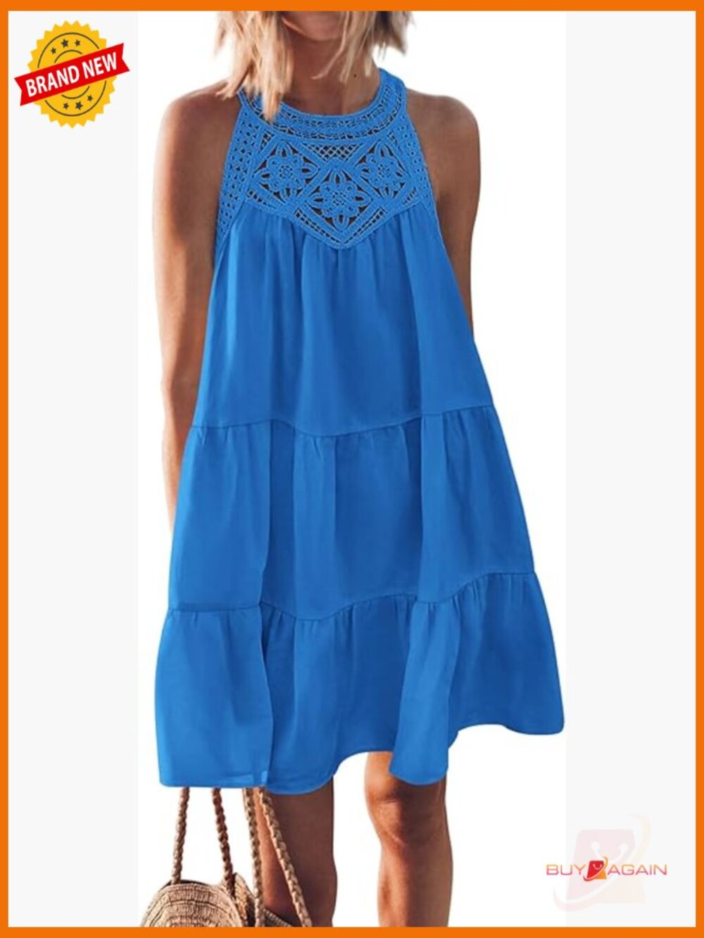 Sleeveless Halter Neck A-Line Mini Swing Sundress with Keyhole Back